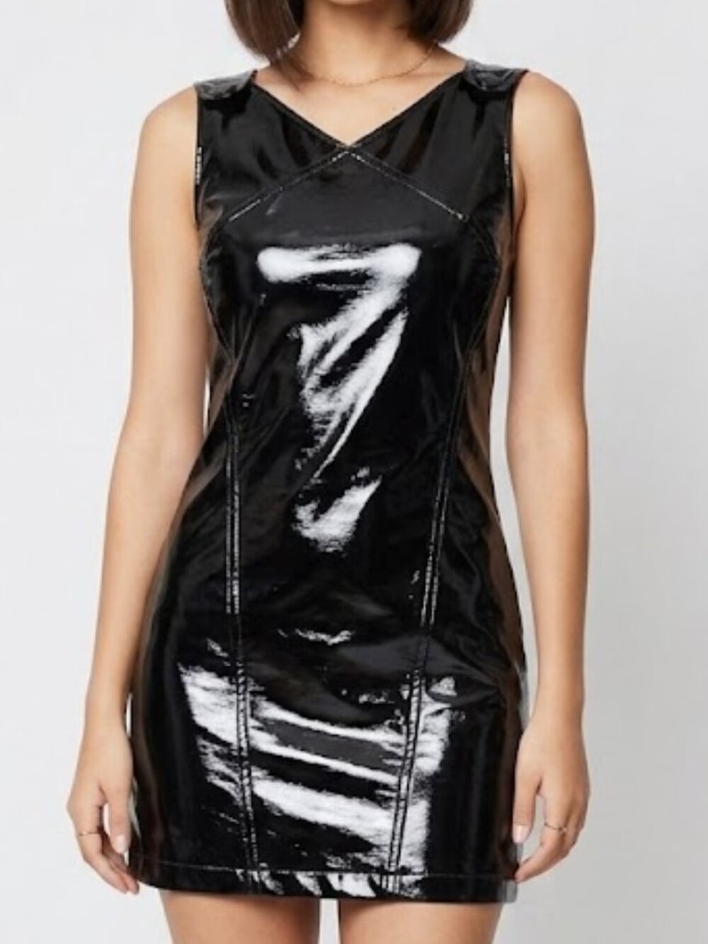 Gap Studio Vegan Patent Leather Mini Dress Black V-Neck Sleeveless Size XS